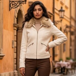 NWT Lauren Ralph Lauren Cream Wool Jacket Removable Faux Fur Collar Small Zip